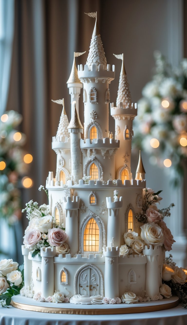 A multi-tiered wedding cake shaped like a fairytale castle with detailed decorations and soft floral accents on a table.